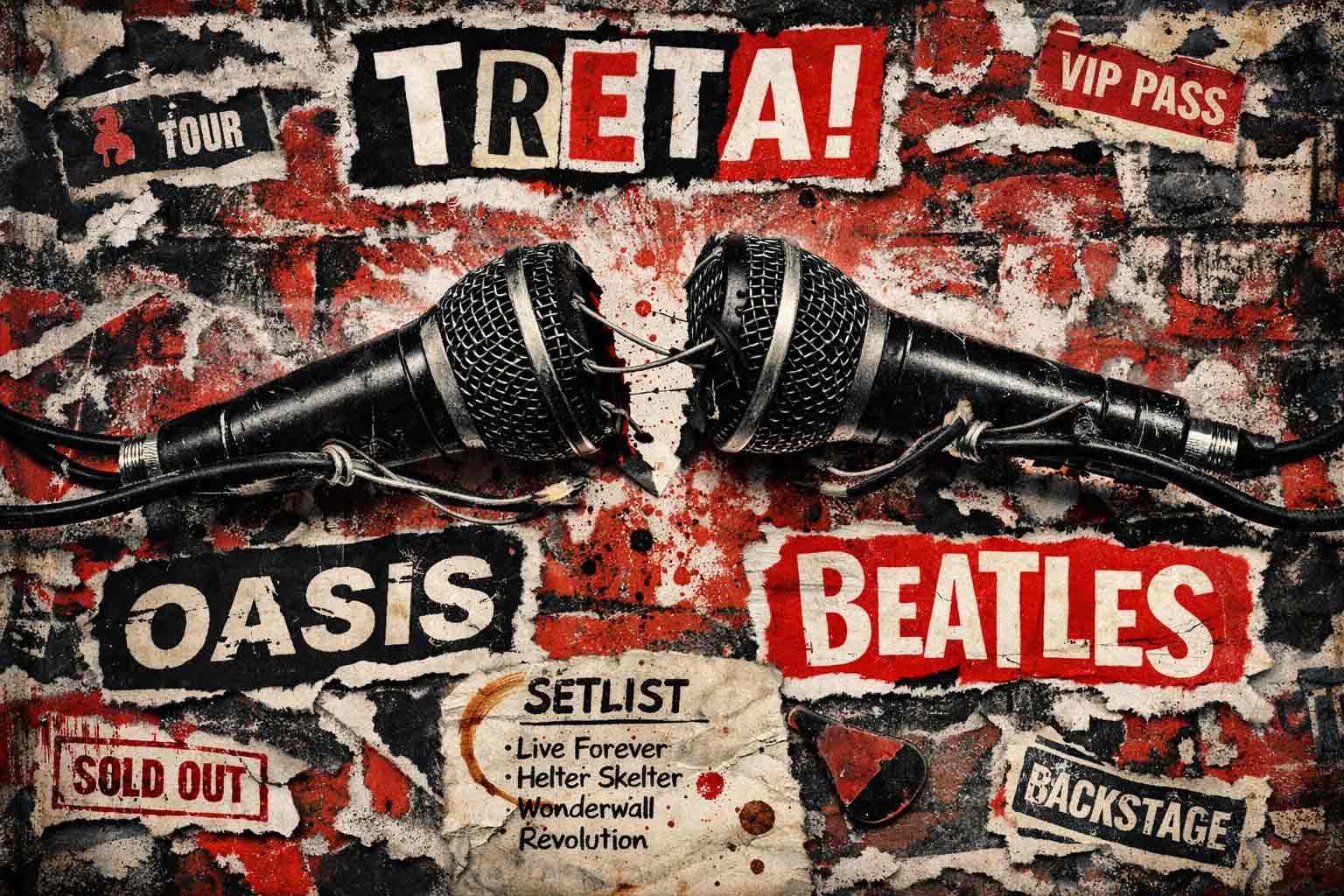 Microfone partido simbolizando as maiores tretas do rock entre bandas como Oasis, Beatles, Pixies e Tears for Fears