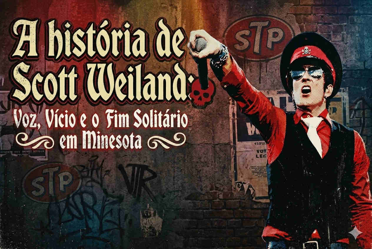 Scott Weiland poster artístico biografia rock n roll stone temple pilots velvet revolver. Texto sobre a trajetória do cantor, sua voz e morte em Minnesota. Estética de arte urbana com grafite e logos de bandas.