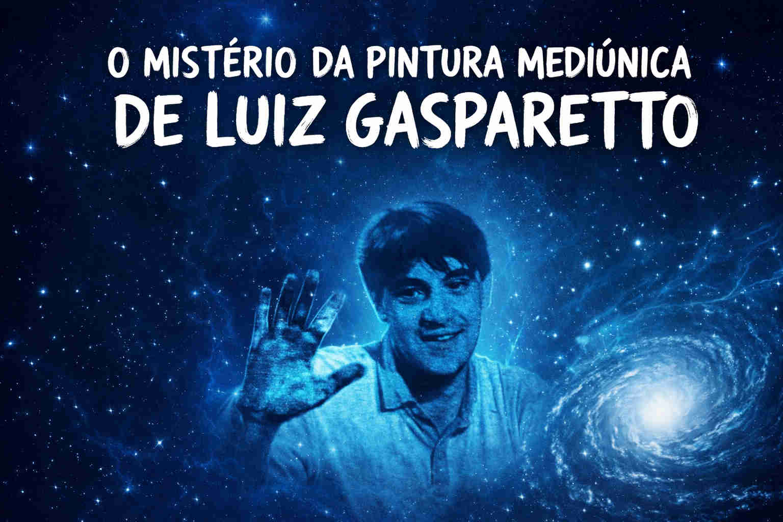 Imagem estilizada de Luiz Gasparetto em composição cósmica azul, com fundo estrelado e galáxia, ilustrando o tema “O mistério da pintura mediúnica”, com tipografia branca em destaque.