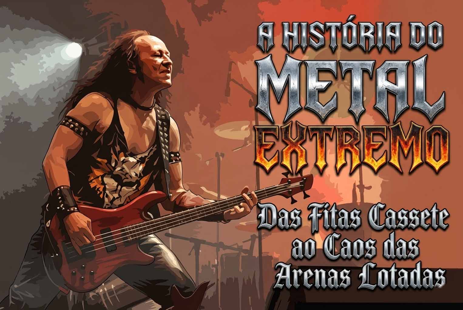 Ilustração artística posterizada com o músico Cronos simbolizando a linhagem e evolução da História do Metal Extremo: Das Fitas Cassete ao Caos das Arenas Lotadas.