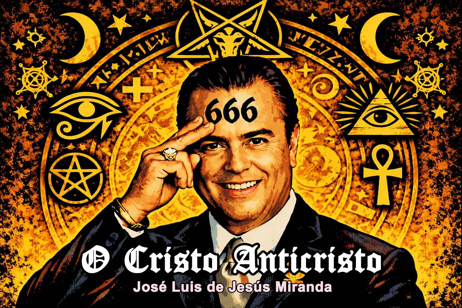 José Luis de Jesús Miranda imagem posterizada onde ele faz uma salação e tem na testa a marca 666 da besta