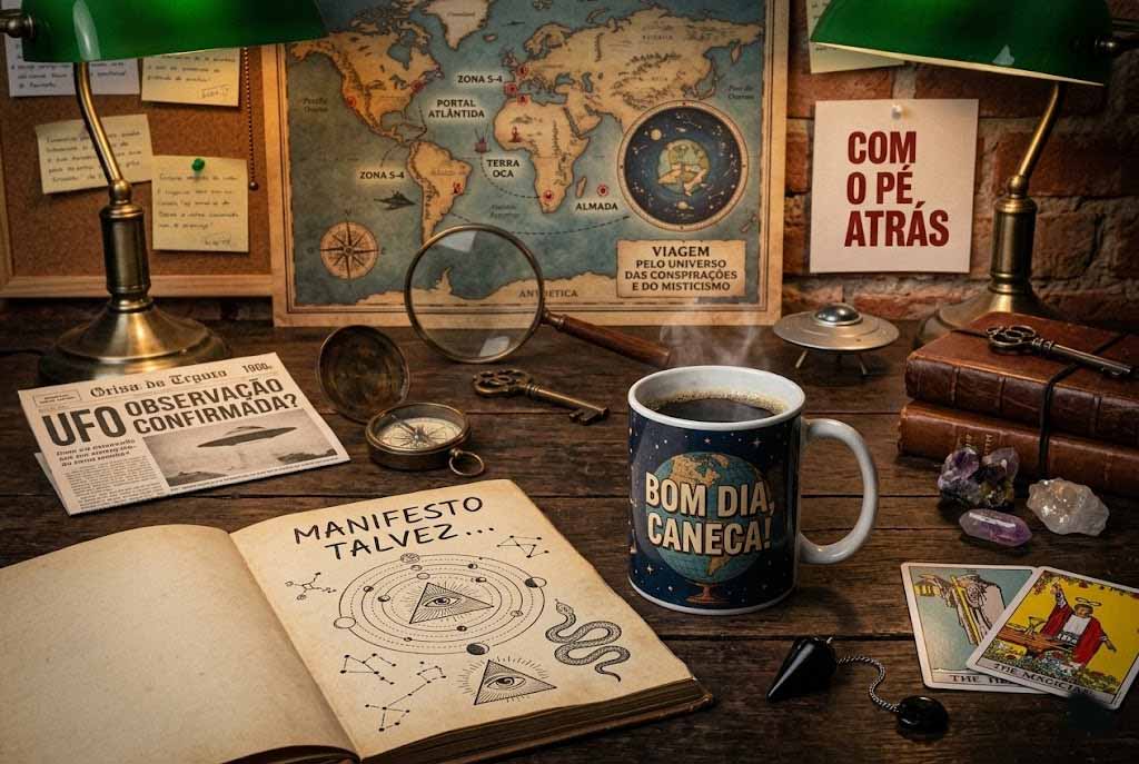 Ilustração de uma mesa de escritório antiga com um livro aberto escrito Manifesto Talvez, uma caneca de café com a frase Bom dia Caneca, cartas de tarô, mapa-múndi de conspirações e um pequeno disco voador.