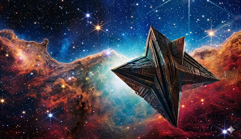 Uma nave espacial piramidal de pedra e metal, com textura antiga e detalhes geométricos, flutuando em um cosmos vibrante e detalhado com nebulosas coloridas em azul, laranja e vermelho, e milhares de estrelas nítidas.