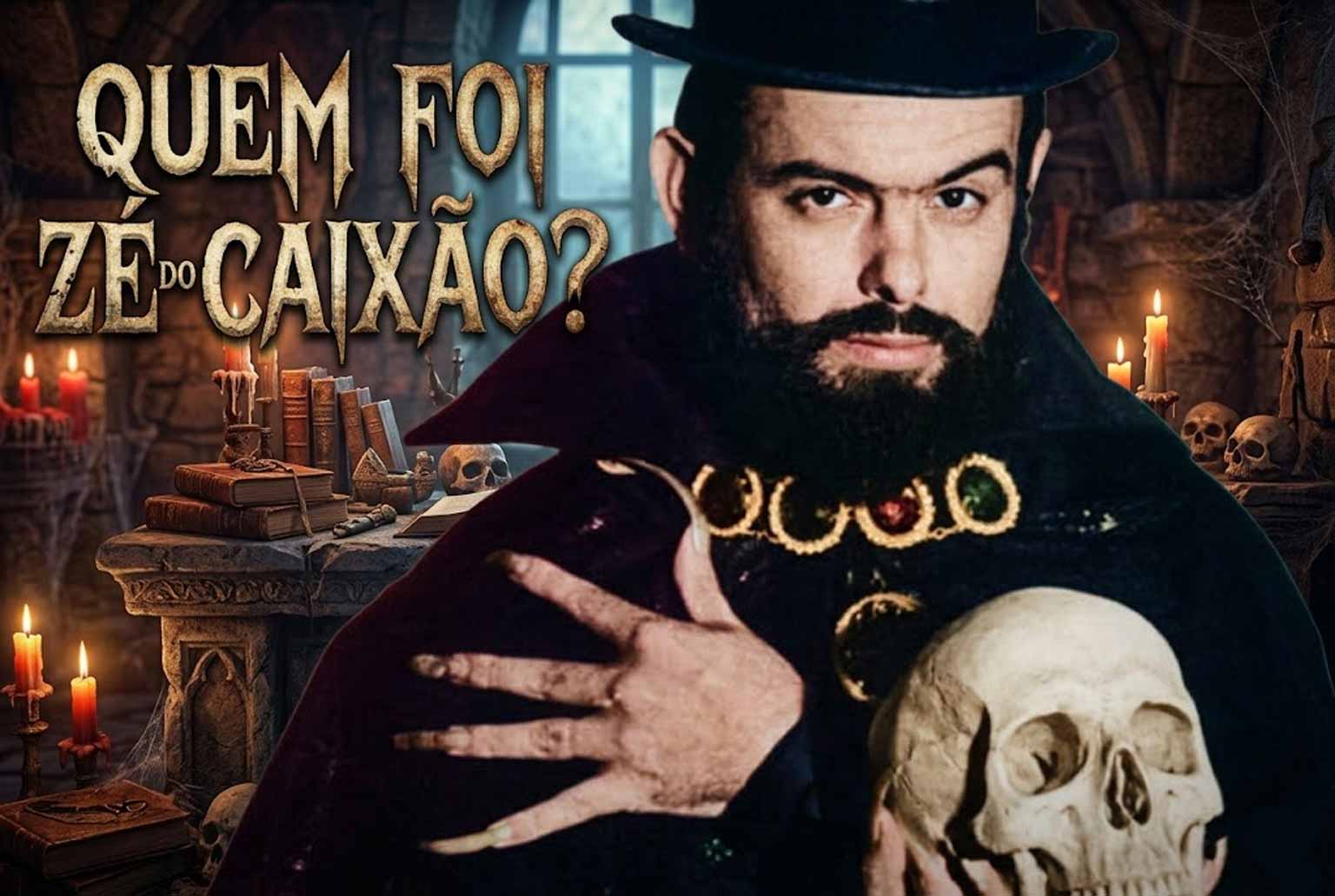 José Mojica Marins caracterizado como Zé do Caixão em cenário de terror com crânio e velas, com o título Quem foi Zé do Caixão.