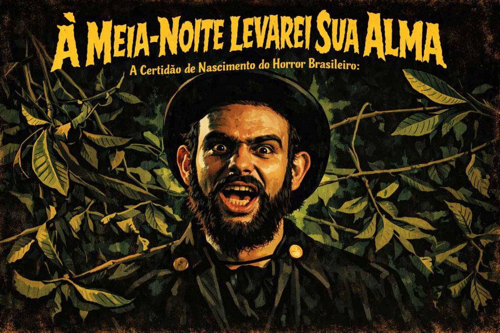 Imagem estilizada de Zé do Caixão no filme À Meia-Noite Levarei Sua Alma (1964), considerado o nascimento do horror brasileiro.