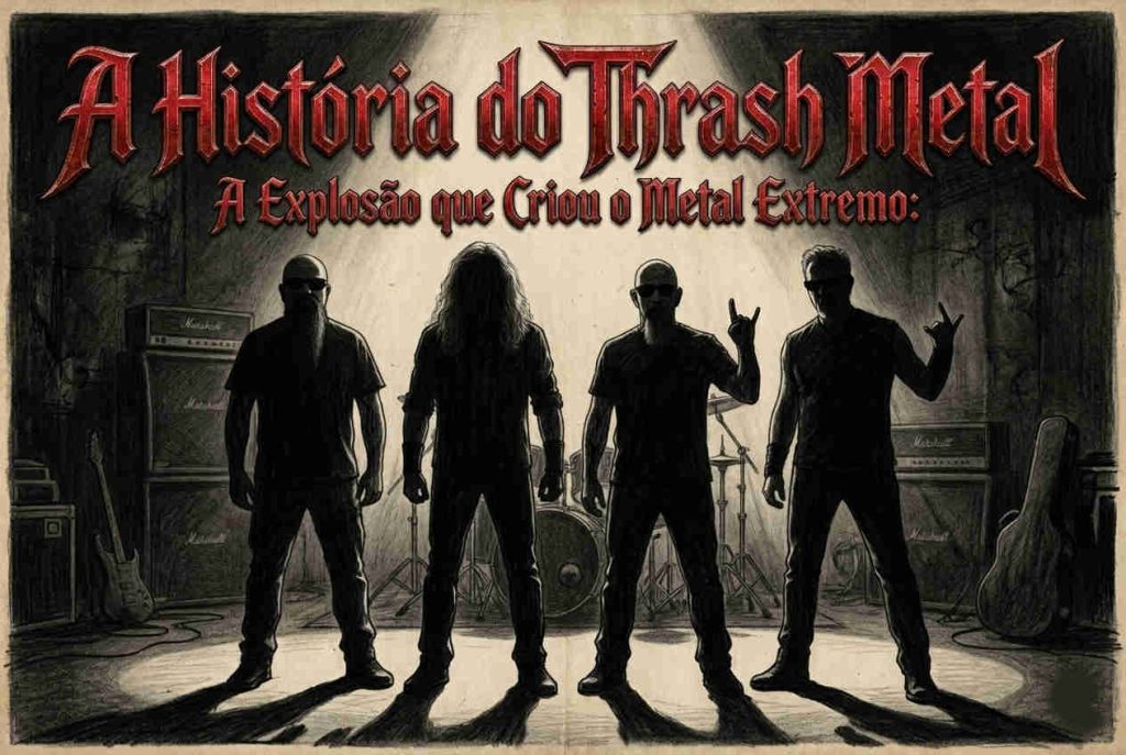 Ilustração realista em preto e branco com silhuetas dos integrantes do Big Four do metal extremo sob o título A História do Thrash Metal em letras vermelhas.