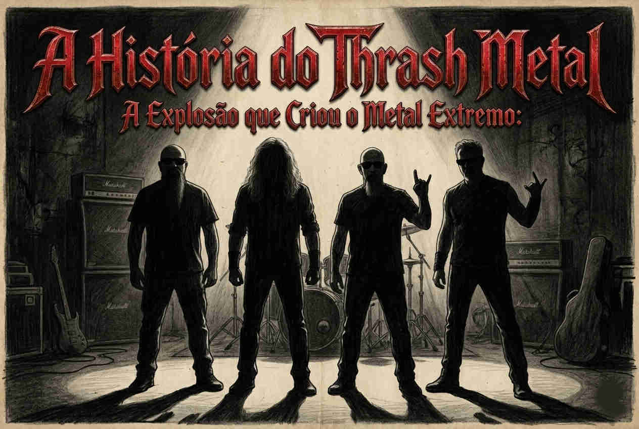 Ilustração realista em preto e branco com silhuetas dos integrantes do Big Four do metal extremo sob o título A História do Thrash Metal em letras vermelhas.