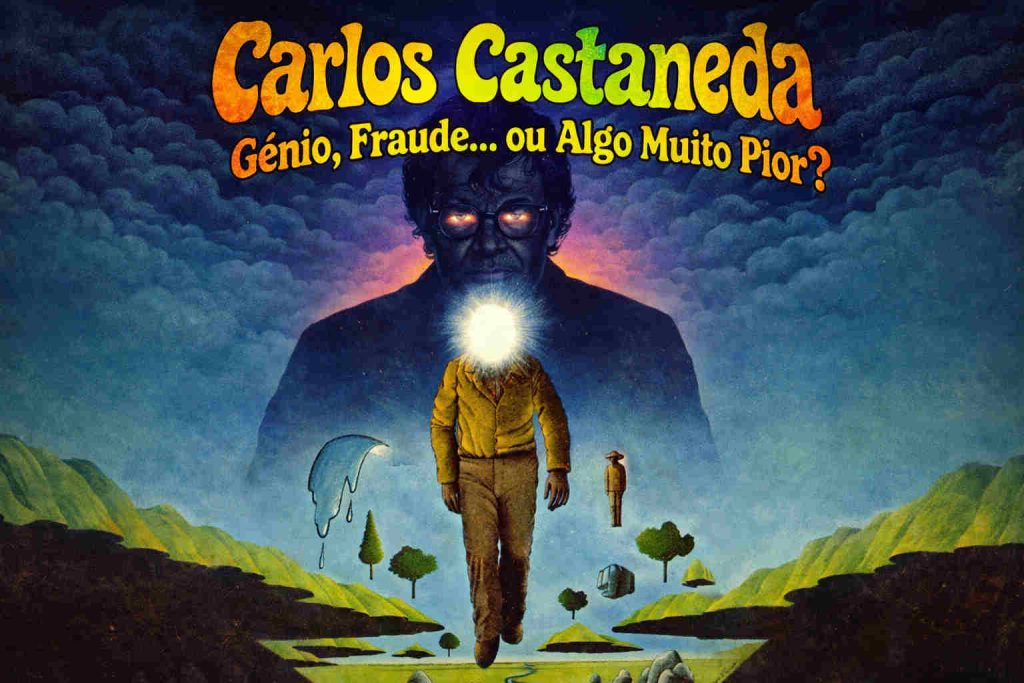 Ilustração psicodélica inspirada em Carlos Castaneda com figura surreal e aura misteriosa, explorando o debate entre gênio, fraude ou algo mais sombrio