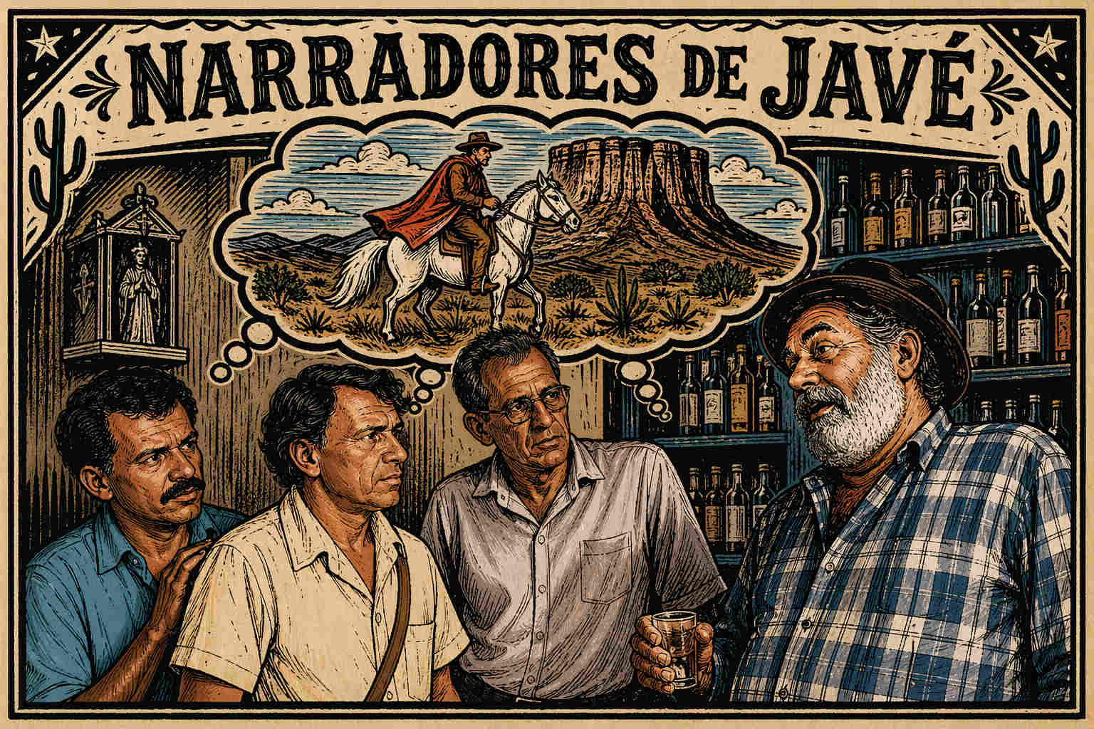 Ilustração em estilo xilogravura de cordel do filme Narradores de Javé. Quatro homens com fisionomias realistas baseadas nos atores originais conversam em um bar. No topo, um balão de pensamento exibe um cavaleiro de capa vermelha em um cenário de sertão com uma grande chapada ao fundo.
