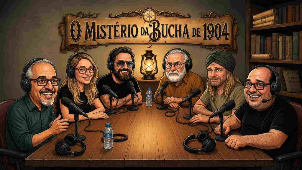 Foto com Titulo O mistério da Bucha de 1904 num podcast com Daniel Lopes, Carol capel Rogério Vilela, Jan Val ellan, Guru do himalaia e Sergio Sacani