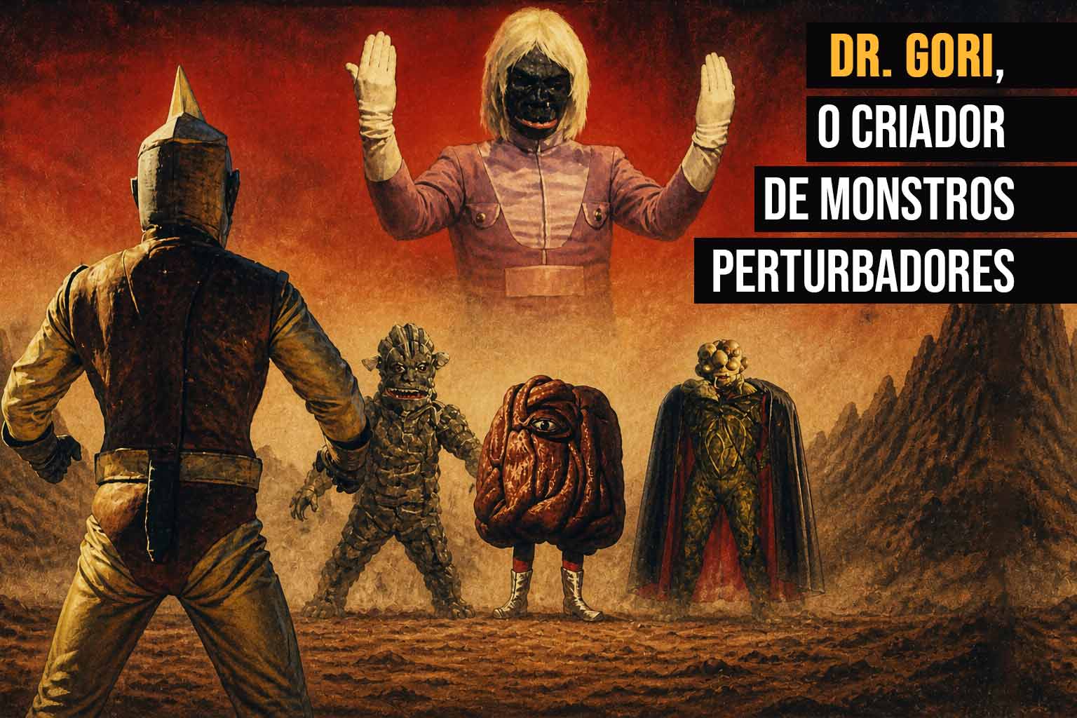 Spectreman de costas enfrentando monstros com Dr Gori ao fundo em estilo pôster de terror sci-fi anos 70