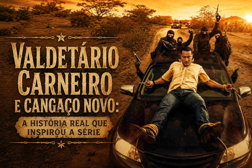 Cena inspirada na história real de Valdetário Carneiro no novo cangaço com grupo armado em carro no sertão nordestino como na série Cangaço Novo