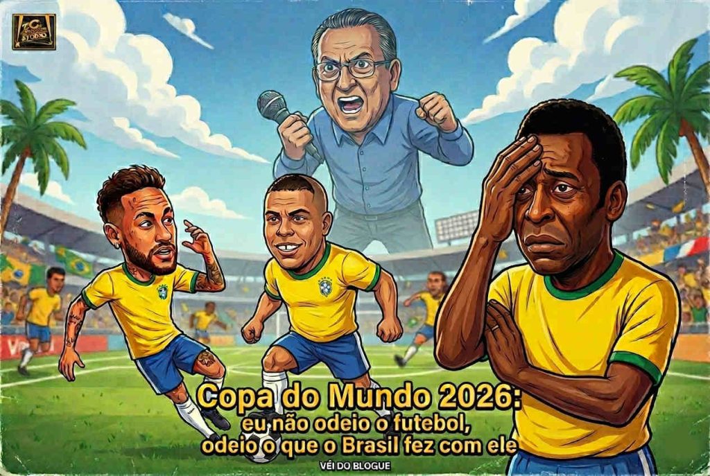 Ilustração satírica com Neymar, Ronaldo e Pelé em facepalm no campo, com Galvão Bueno gritando ao microfone — capa do artigo Copa do Mundo 2026 do Véi do Blogue