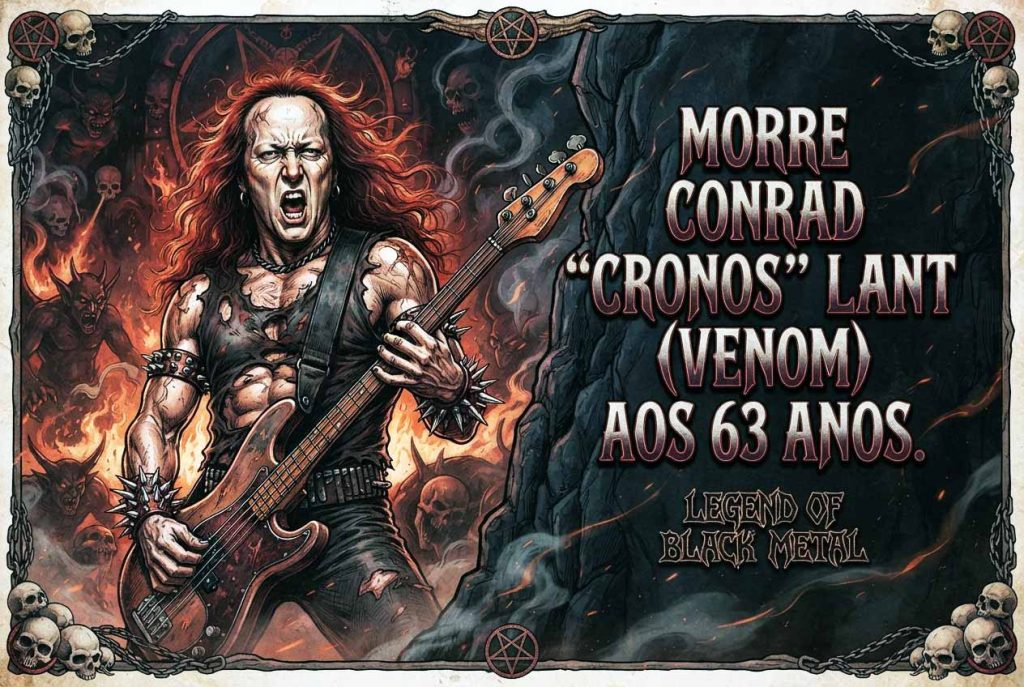 Poster estilo anos 70 em homenagem a Conrad "Cronos" Lant, baixista da banda Venom, com texto em letras de heavy metal.