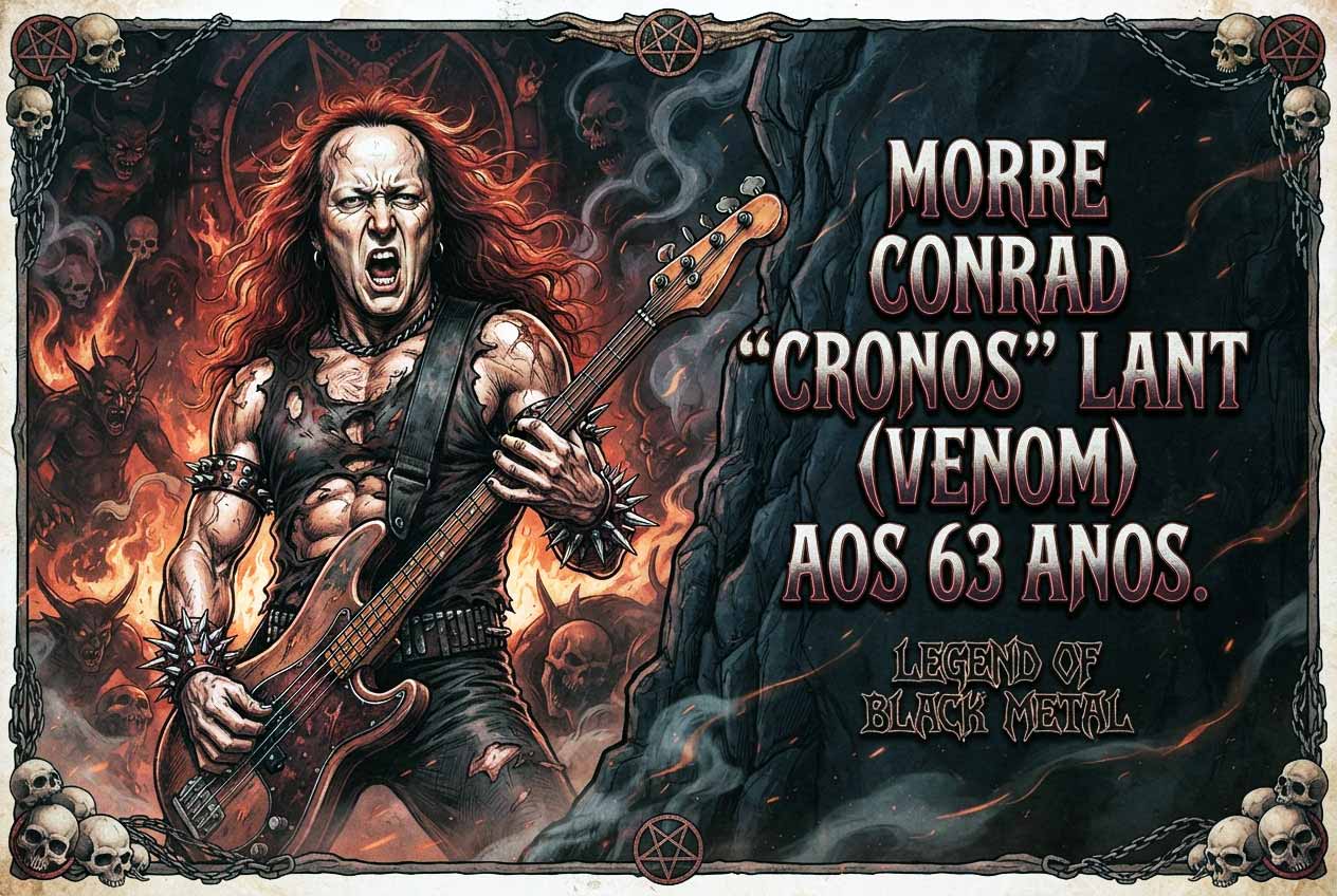 Poster estilo anos 70 em homenagem a Conrad "Cronos" Lant, baixista da banda Venom, com texto em letras de heavy metal.